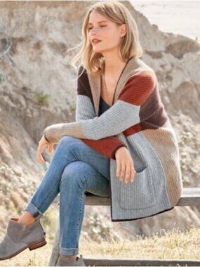 Garnet Hill 100% Cashmere Open Front Color Block Cardigan.